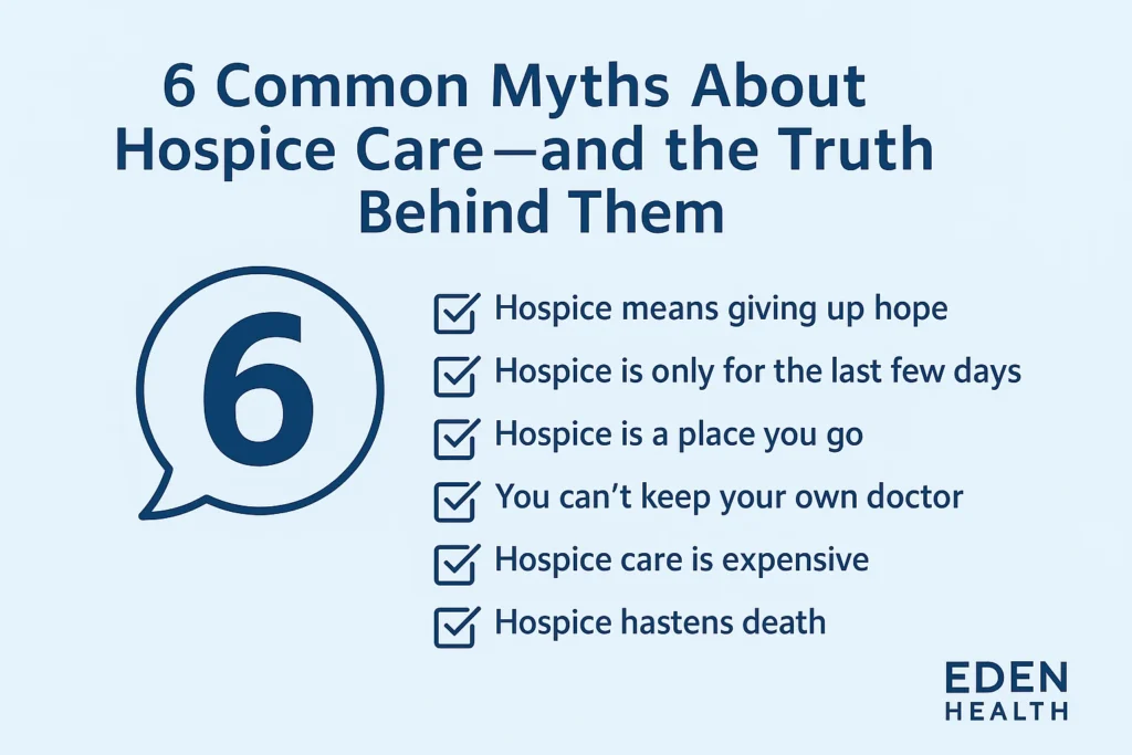 Illustrated infographic titled “6 Common Hospice Care Myths and the Truth Behind Them,” showing caregivers supporting an elderly patient with calm colors representing compassion and understanding.