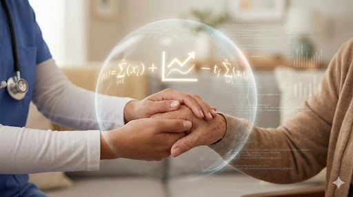 A home health nurse holding an older patient’s hand with digital recovery data overlay, representing personalized, data-driven care through Home Health Idaho Falls.
