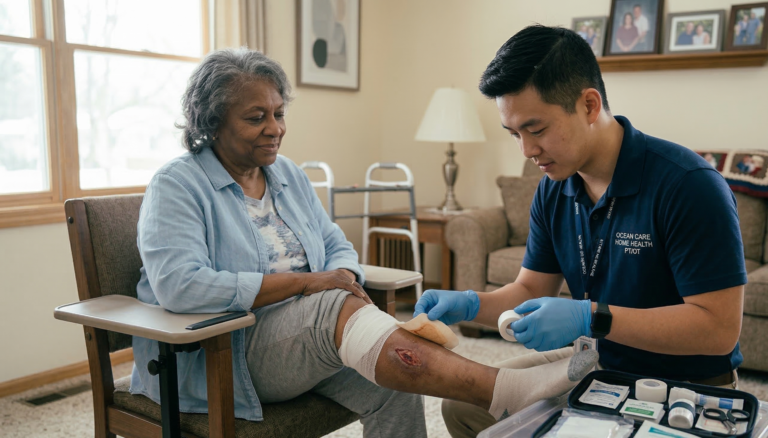 home health wound care nurse treating surgical wound at home