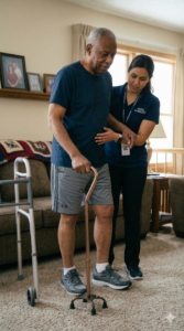 stroke recovery at home patient practicing walking with therapist