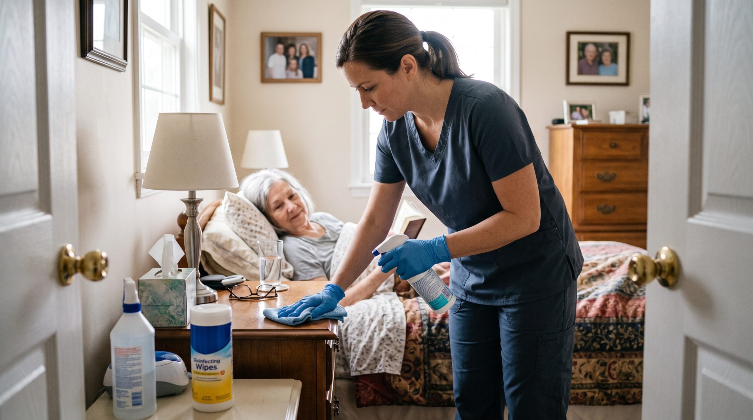 Caregiver cleaning high-touch surfaces as part of infection prevention at home