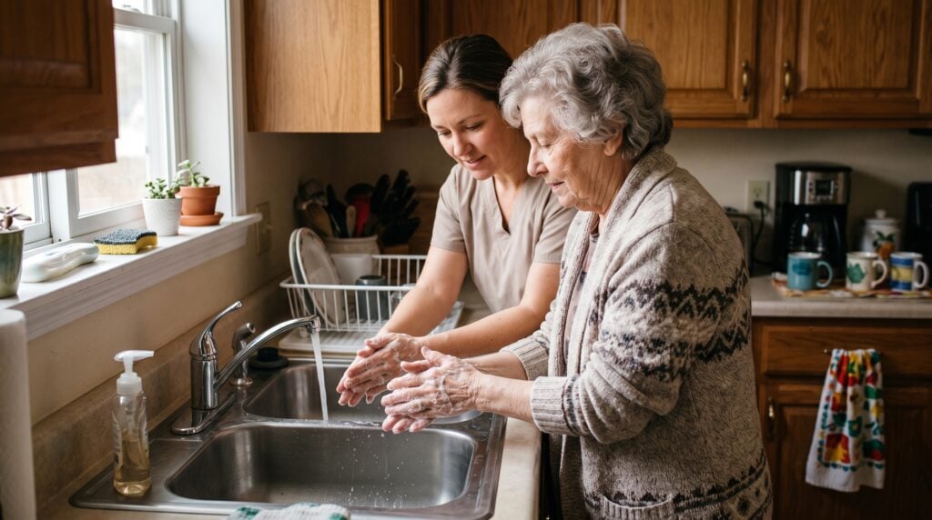 Caregiver cleaning high-touch surfaces as part of infection prevention at home