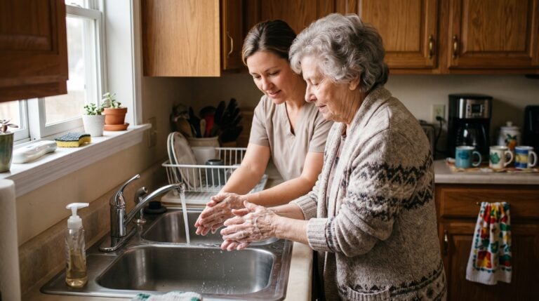 Caregiver cleaning high-touch surfaces as part of infection prevention at home